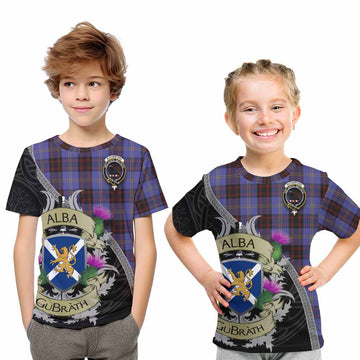 Tartan Vibes Clothing Rutherford Tartan Family Crest Kid T-Shirt Lion Rampant Royal Thistle Shield Celtic Inspired