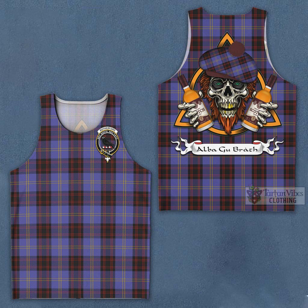 Tartan Vibes Clothing Rutherford Tartan Men's Tank Top with Family Crest and Bearded Skull Holding Bottles of Whiskey