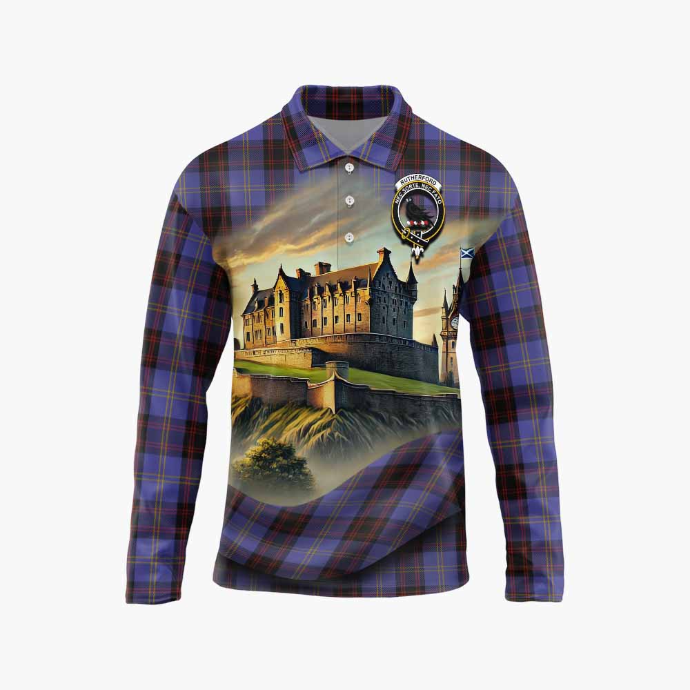 Tartan Vibes Clothing Rutherford Tartan Family Crest Long Sleeve Polo Shirt with Scottish Ancient Castle Style
