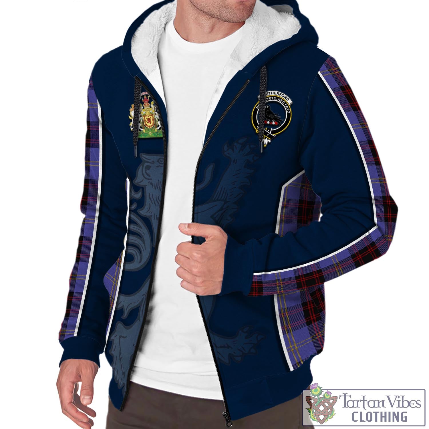 Tartan Vibes Clothing Rutherford Tartan Sherpa Hoodie with Family Crest and Lion Rampant Vibes Sport Style