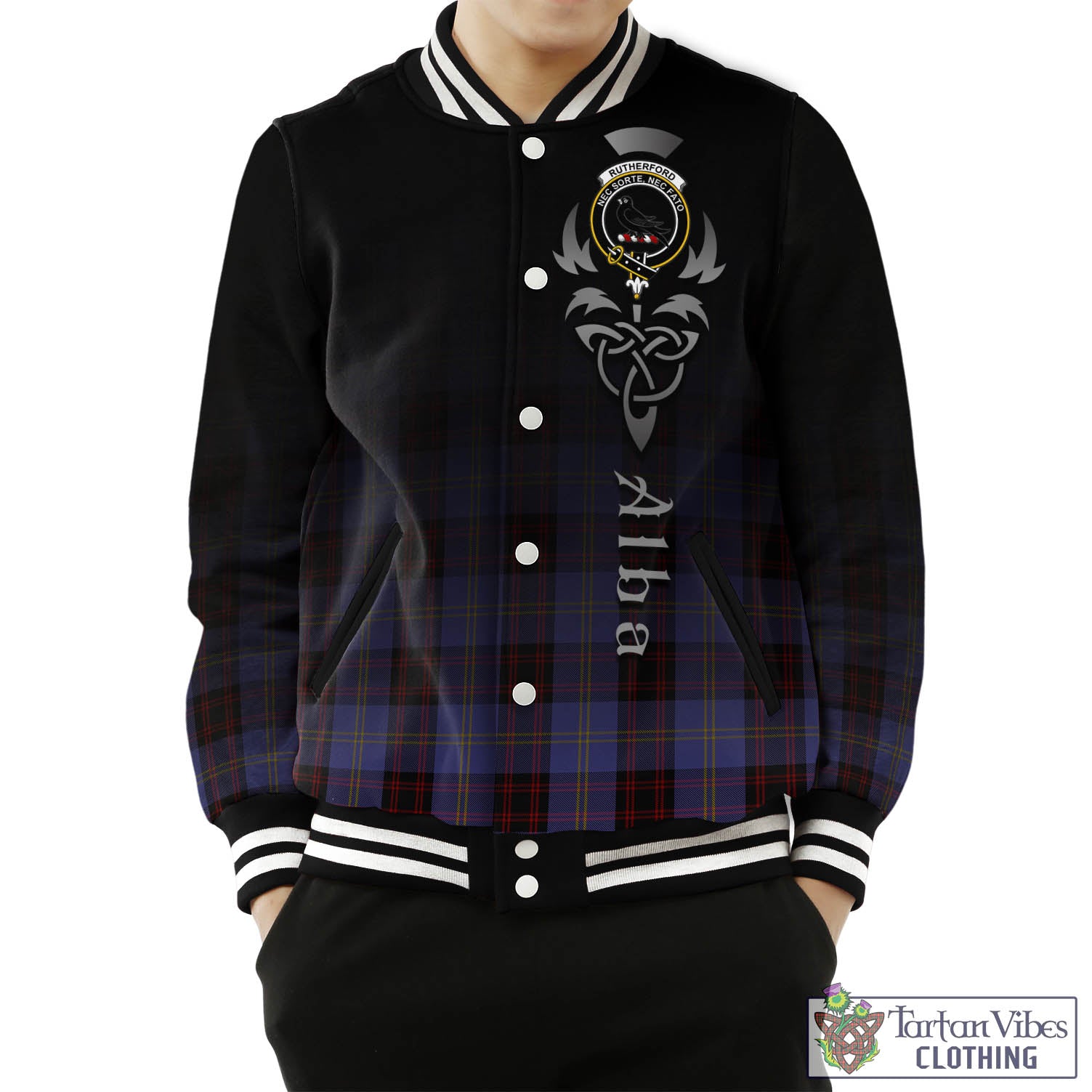 Tartan Vibes Clothing Rutherford Tartan Baseball Jacket Featuring Alba Gu Brath Family Crest Celtic Inspired