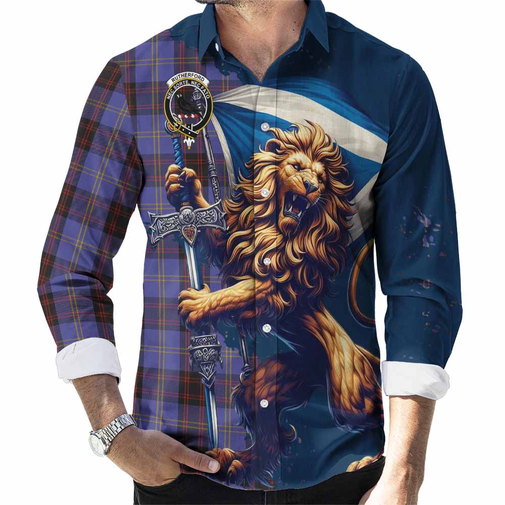 Tartan Vibes Clothing Rutherford Tartan Family Crest Long Sleeve Button Shirt with Scottish Majestic Lion
