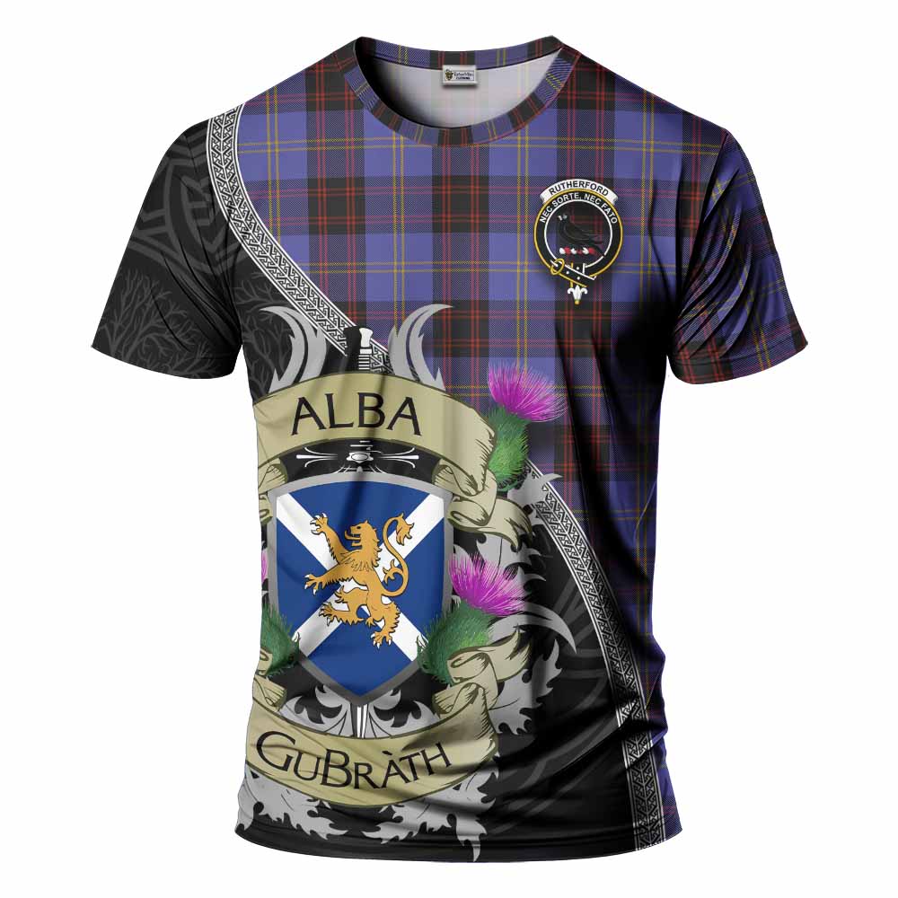Tartan Vibes Clothing Rutherford Tartan Family Crest T-Shirt Lion Rampant Royal Thistle Shield Celtic Inspired