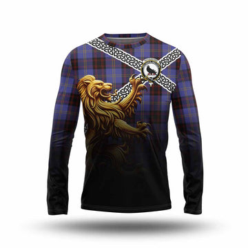 Tartan Vibes Clothing Rutherford Crest Tartan Long Sleeve T-Shirt with Golden Lion Emblem Celtic Style