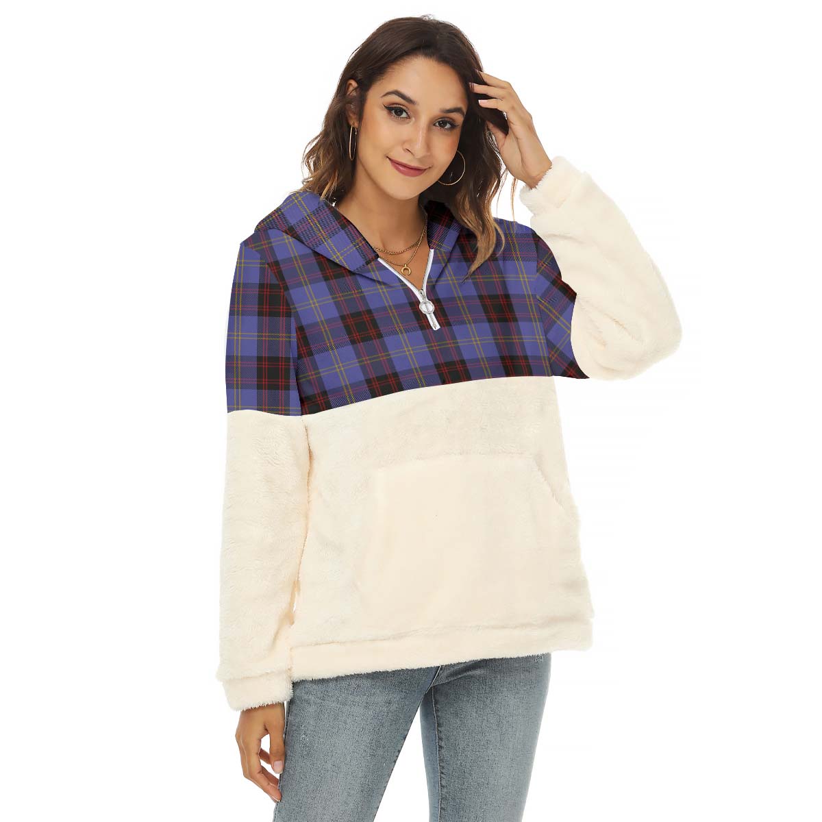 Rutherford Tartan Women's Borg Fleece Hoodie With Half Zip Female - Tartan Vibes Clothing