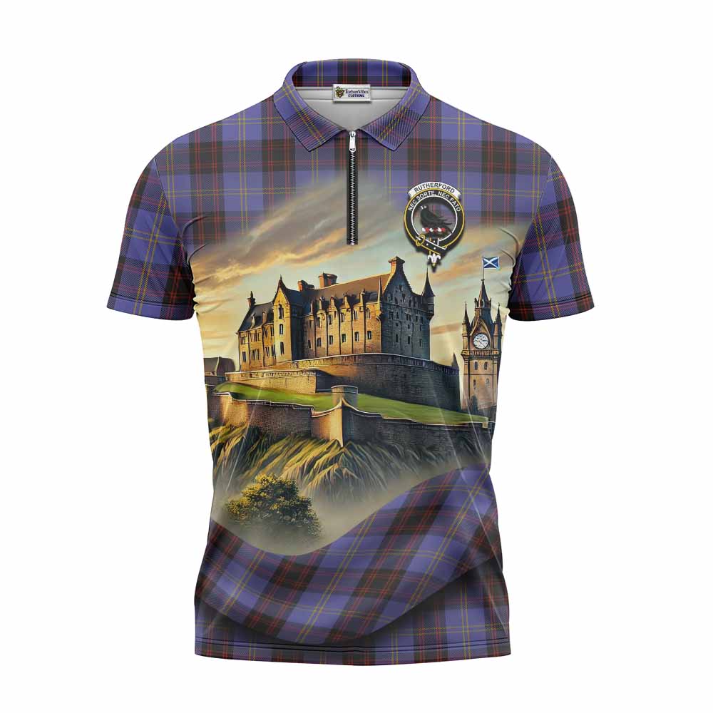 Tartan Vibes Clothing Rutherford Tartan Family Crest Zipper Polo Shirt with Scottish Ancient Castle Stype