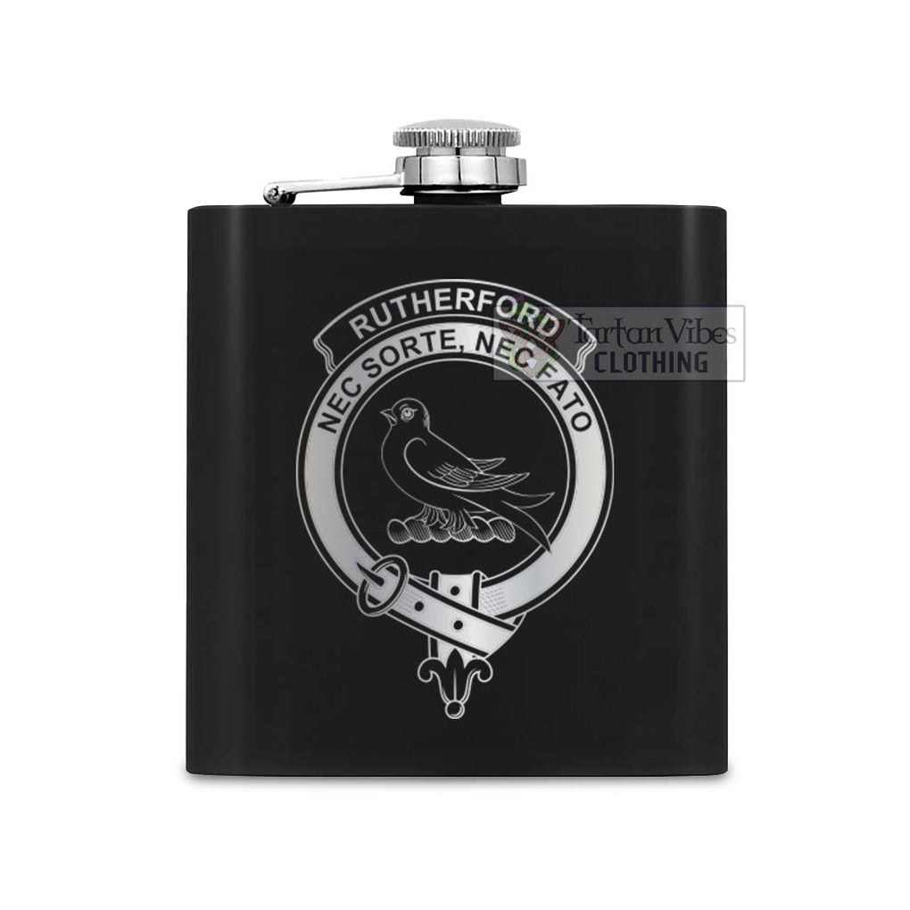 Tartan Vibes Clothing Rutherford Crest Hip Flask Set 7oz Black Stainless Steel with A Gift Box
