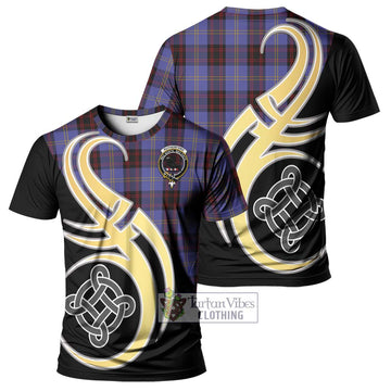 Rutherford Tartan T-Shirt with Family Crest and Celtic Symbol Style