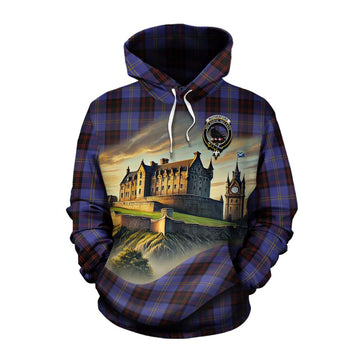 Rutherford Tartan Family Crest Cotton Hoodie with Scottish Ancient Castle Style