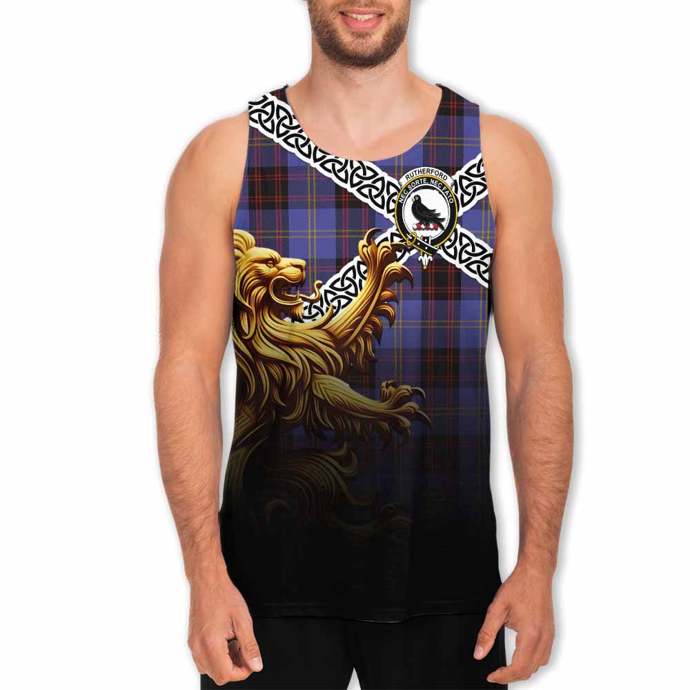 Tartan Vibes Clothing Rutherford Crest Tartan Men's Tank Top with Golden Lion Emblem Celtic Style