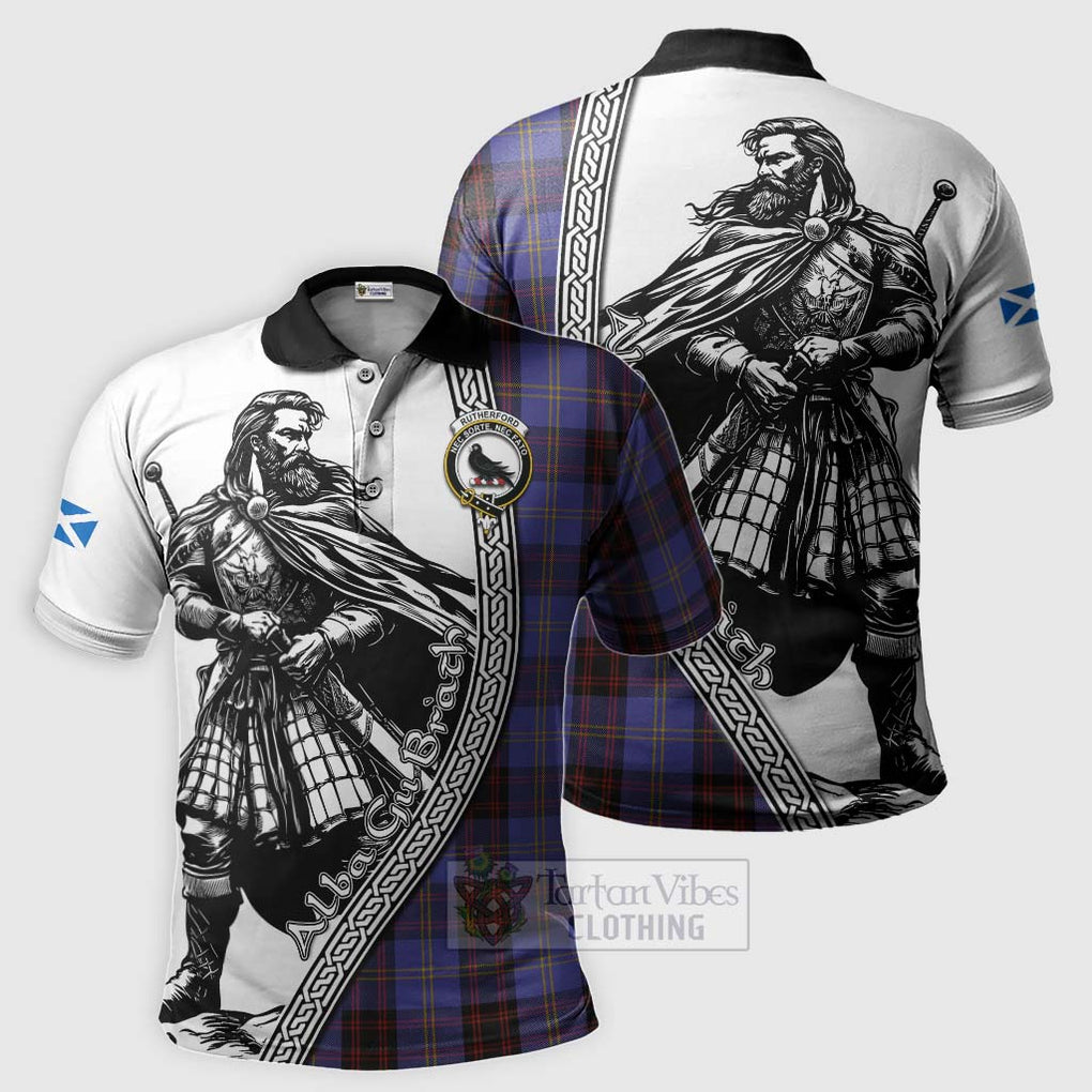 Tartan Vibes Clothing Rutherford Tartan Clan Crest Polo Shirt with Highlander Warrior Celtic Style