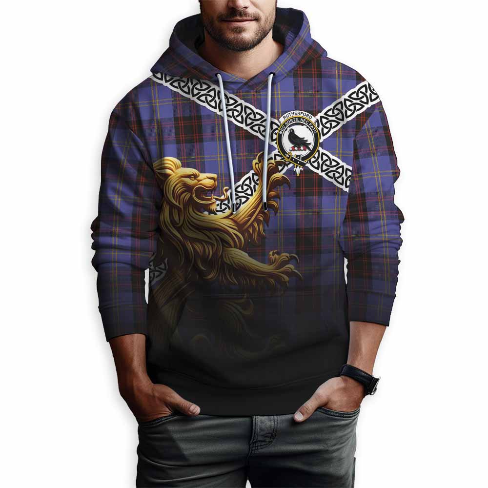 Tartan Vibes Clothing Rutherford Crest Tartan Hoodie with Golden Lion Emblem Celtic Style