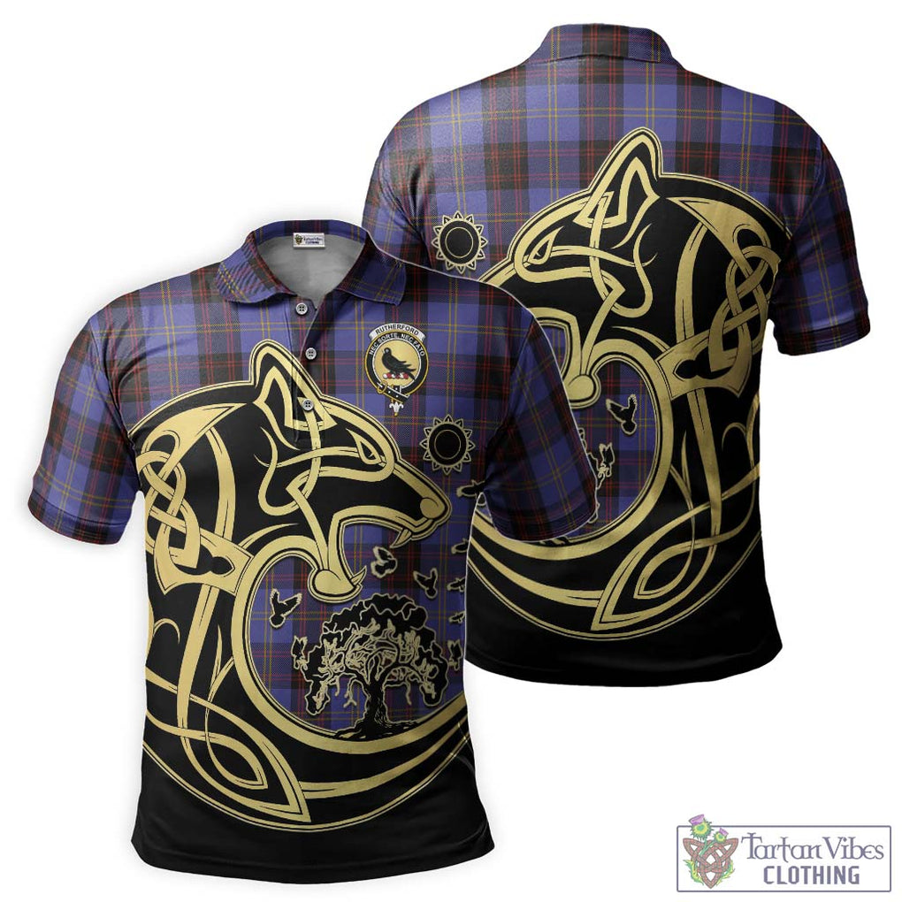 Rutherford Tartan Polo Shirt with Family Crest Celtic Wolf Style Kid - Tartanvibesclothing Shop