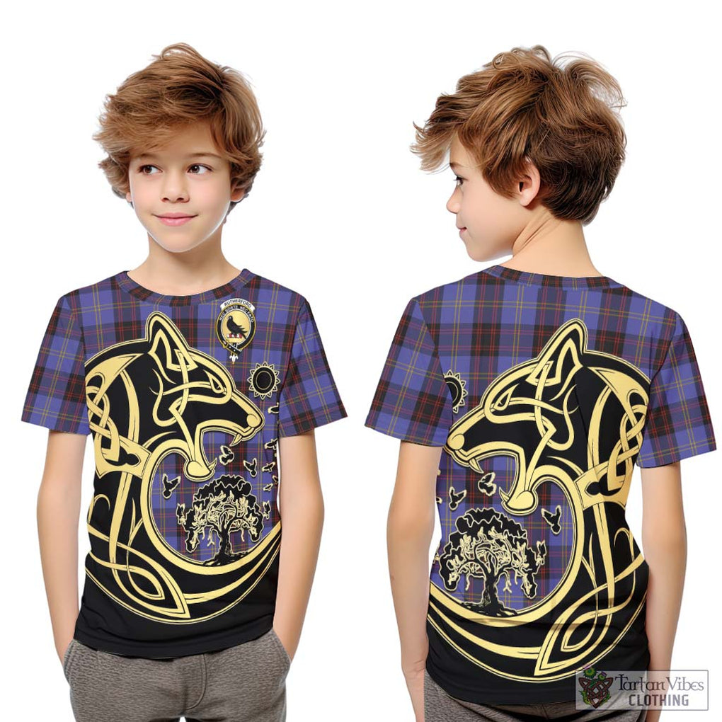 Rutherford Tartan Kid T-Shirt with Family Crest Celtic Wolf Style Youth XL Size14 - Tartan Vibes Clothing