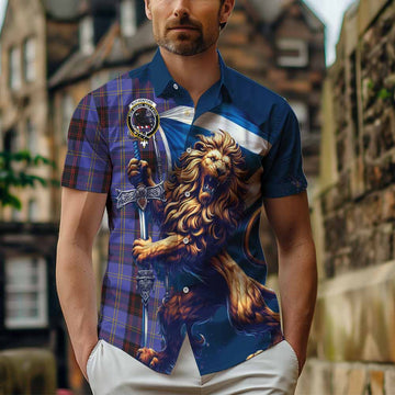Tartan Vibes Clothing Rutherford Tartan Family Crest Short Sleeve Button Shirt with Scottish Majestic Lion