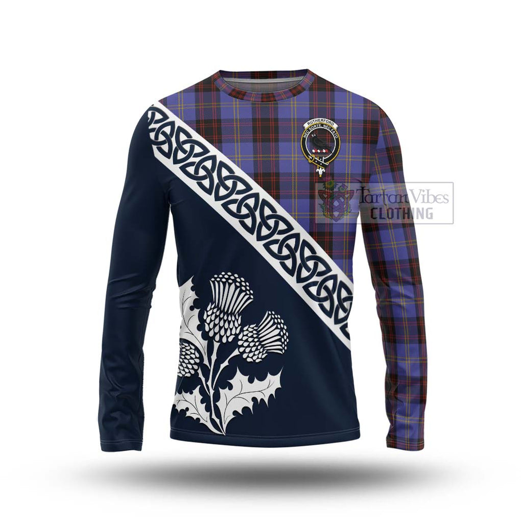 Tartan Vibes Clothing Rutherford Tartan Long Sleeve T-Shirt Featuring Thistle and Scotland Map
