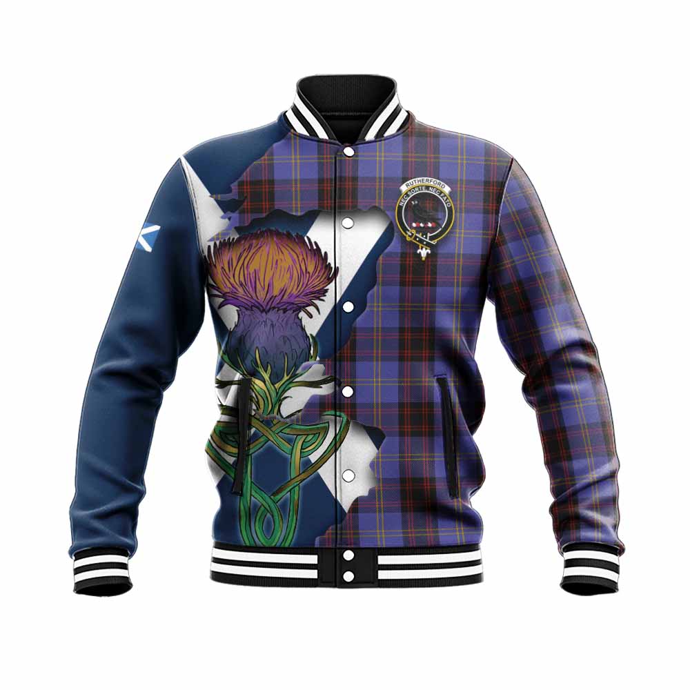 Tartan Vibes Clothing Rutherford Tartan Family Crest Baseball Jacket Scottish Thistle Celtic Inspired