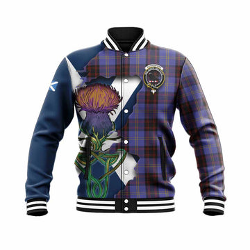 Tartan Vibes Clothing Rutherford Tartan Family Crest Baseball Jacket Scottish Thistle Celtic Inspired