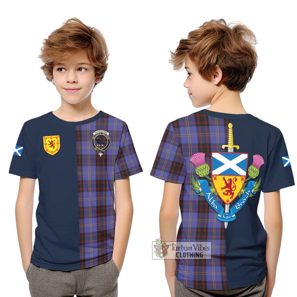 Tartan Vibes Clothing Rutherford Tartan Kid T-Shirt with Scottish Lion Royal Arm Half Style