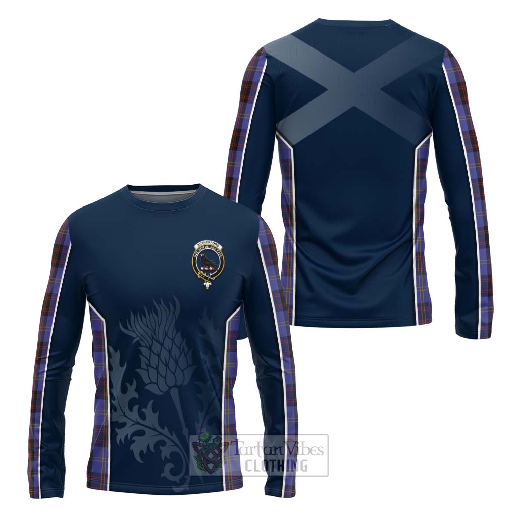 Tartan Vibes Clothing Rutherford Tartan Long Sleeve T-Shirt with Family Crest and Scottish Thistle Vibes Sport Style