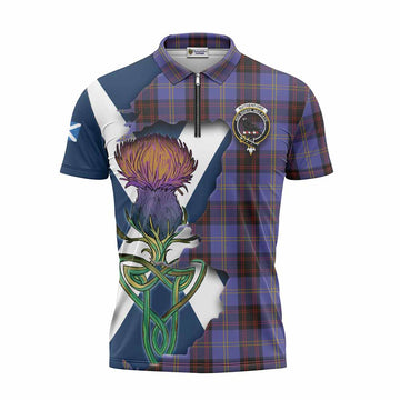 Rutherford Tartan Family Crest Zipper Polo Shirt Scottish Thistle Celtic Inspired