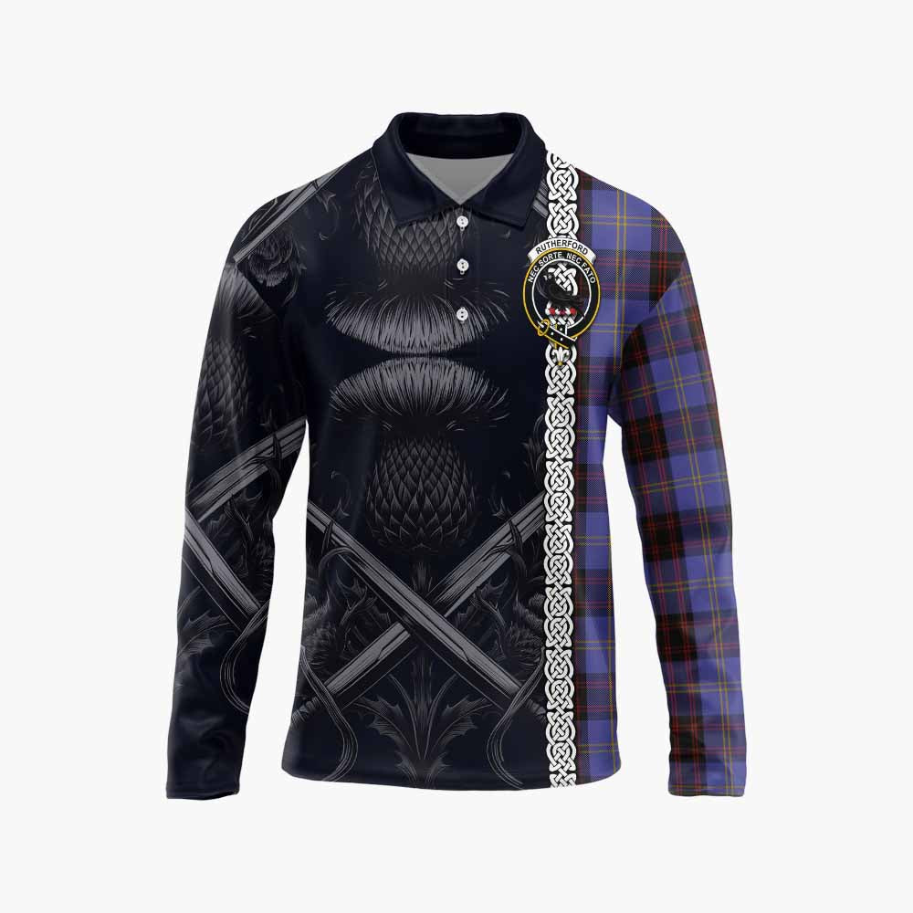 Tartan Vibes Clothing Rutherford Tartan Long Sleeve Polo Shirt with Family Crest Cross Sword Thistle Celtic Vibes