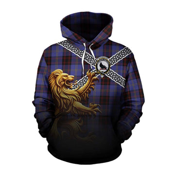 Rutherford Crest Tartan Cotton Hoodie with Golden Lion Emblem Celtic Style
