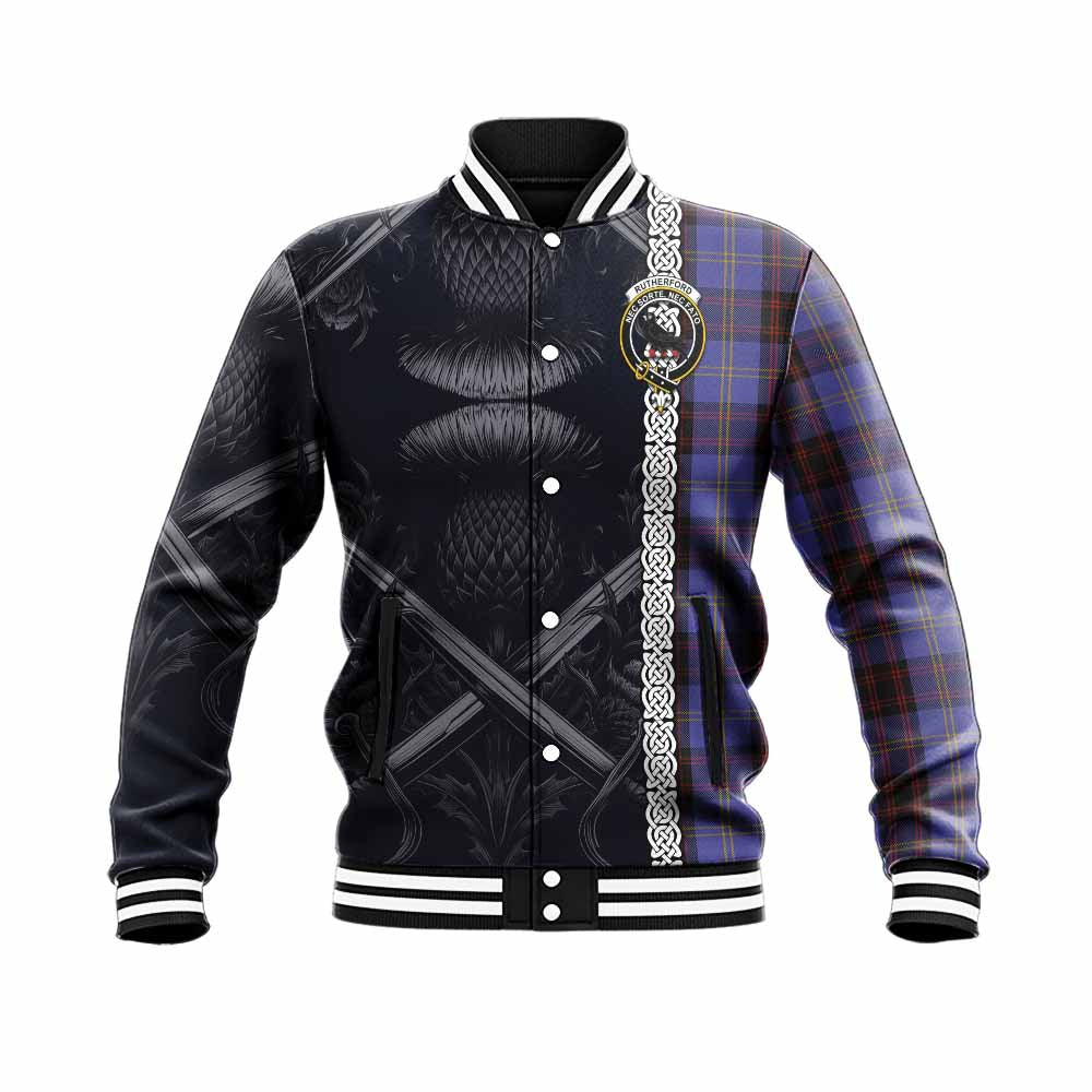 Tartan Vibes Clothing Rutherford Tartan Baseball Jacket with Family Crest Cross Sword Thistle Celtic Vibes