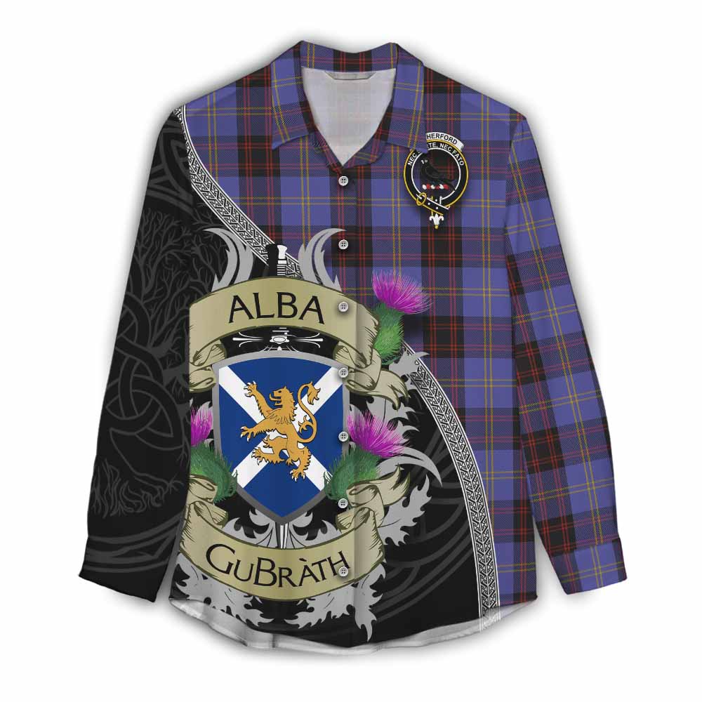 Tartan Vibes Clothing Rutherford Tartan Family Crest Women's Casual Shirt Lion Rampant Royal Thistle Shield Celtic Inspired