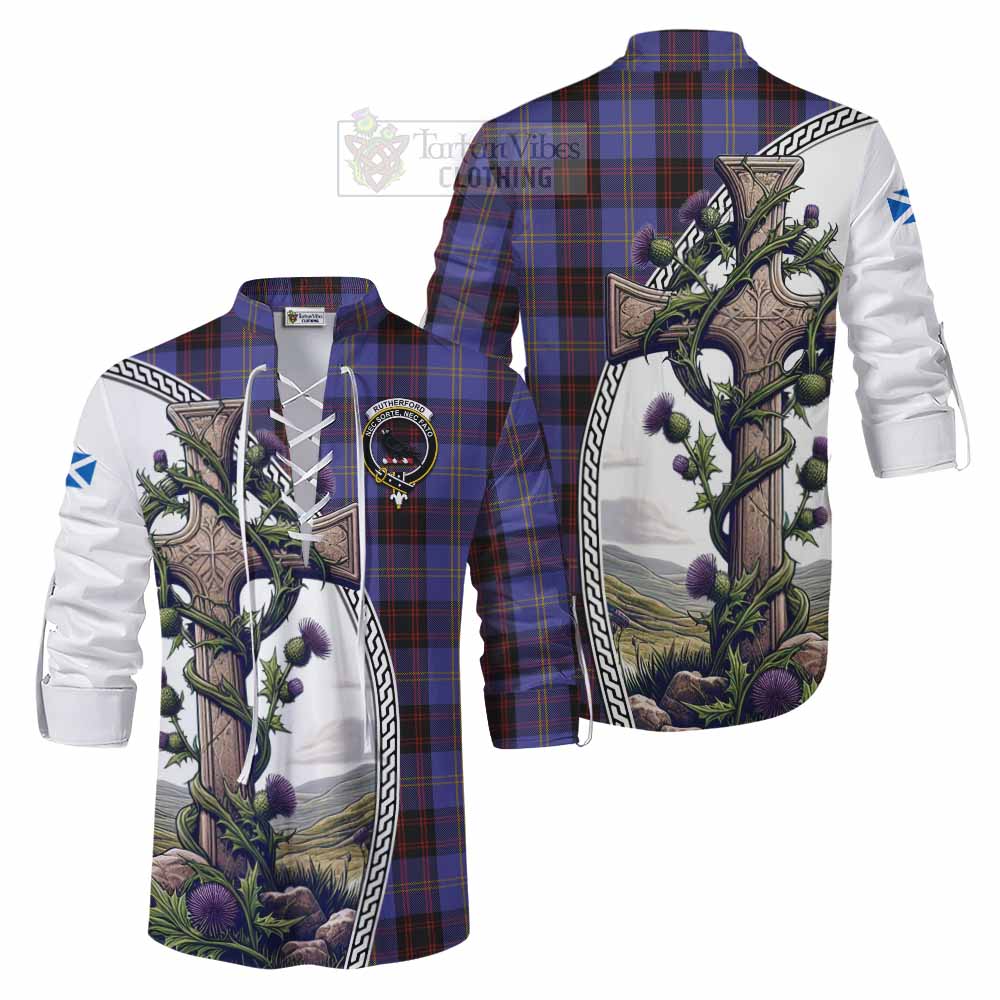 Tartan Vibes Clothing Rutherford Tartan Ghillie Kilt Shirt with Family Crest and St. Andrew's Cross Accented by Thistle Vines