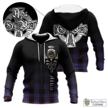 Rutherford Tartan Knitted Hoodie Featuring Alba Gu Brath Family Crest Celtic Inspired