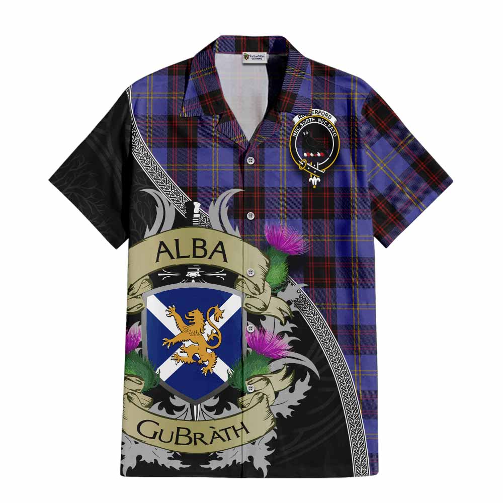 Tartan Vibes Clothing Rutherford Tartan Family Crest Short Sleeve Button Shirt Lion Rampant Royal Thistle Shield Celtic Inspired