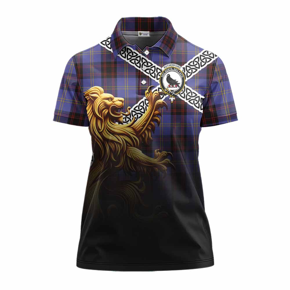 Tartan Vibes Clothing Rutherford Crest Tartan Women's Polo Shirt with Golden Lion Emblem Celtic Style
