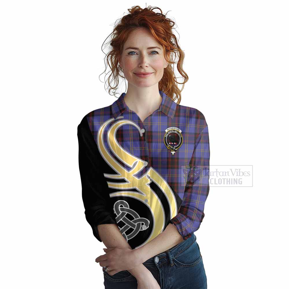 Tartan Vibes Clothing Rutherford Tartan Women's Casual Shirt with Family Crest and Celtic Symbol Style
