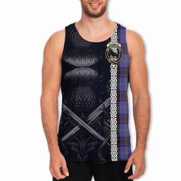 Tartan Vibes Clothing Rutherford Tartan Men's Tank Top with Family Crest Cross Sword Thistle Celtic Vibes