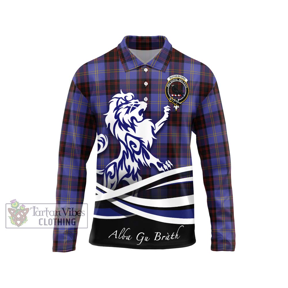 Rutherford Tartan Long Sleeve Polo Shirt with Alba Gu Brath Regal Lion Emblem Unisex - Tartanvibesclothing Shop