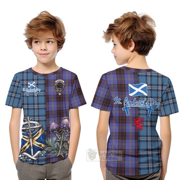 Tartan Vibes Clothing Rutherford Tartan Kid T-Shirt Happy St. Andrew's Day Half Tartan Style