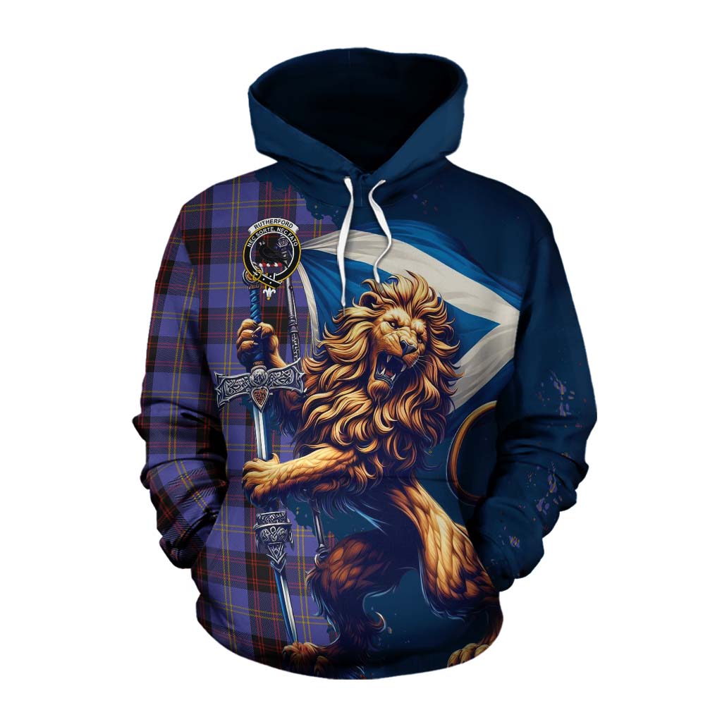Tartan Vibes Clothing Rutherford Tartan Family Crest Cotton Hoodie with Scottish Majestic Lion