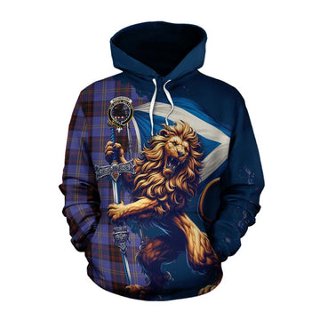 Rutherford Tartan Family Crest Cotton Hoodie with Scottish Majestic Lion