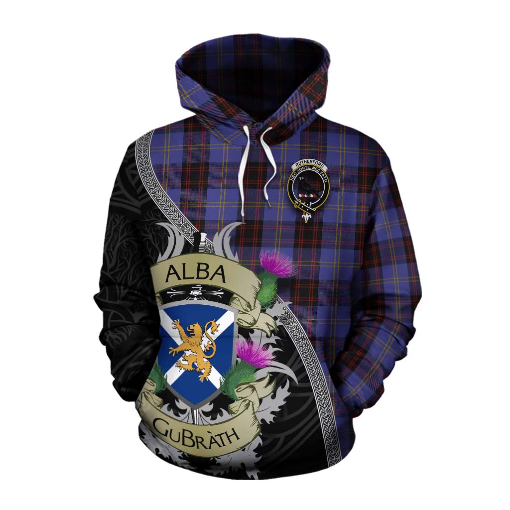 Tartan Vibes Clothing Rutherford Tartan Family Crest Cotton Hoodie Lion Rampant Royal Thistle Shield Celtic Inspired