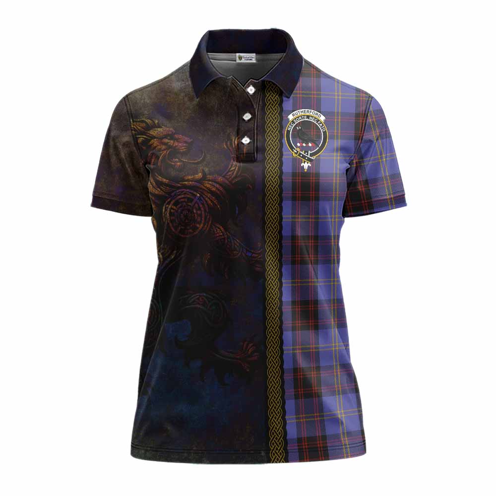 Tartan Vibes Clothing Rutherford Tartan Family Crest Women's Polo Shirt Alba Gu Brath Be Brave Lion Ancient Style