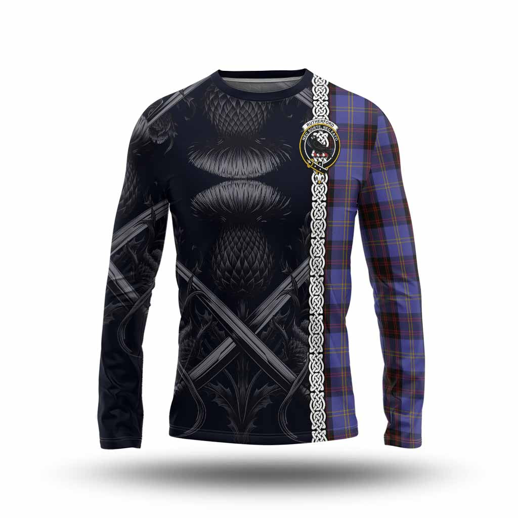 Tartan Vibes Clothing Rutherford Tartan Long Sleeve T-Shirt with Family Crest Cross Sword Thistle Celtic Vibes