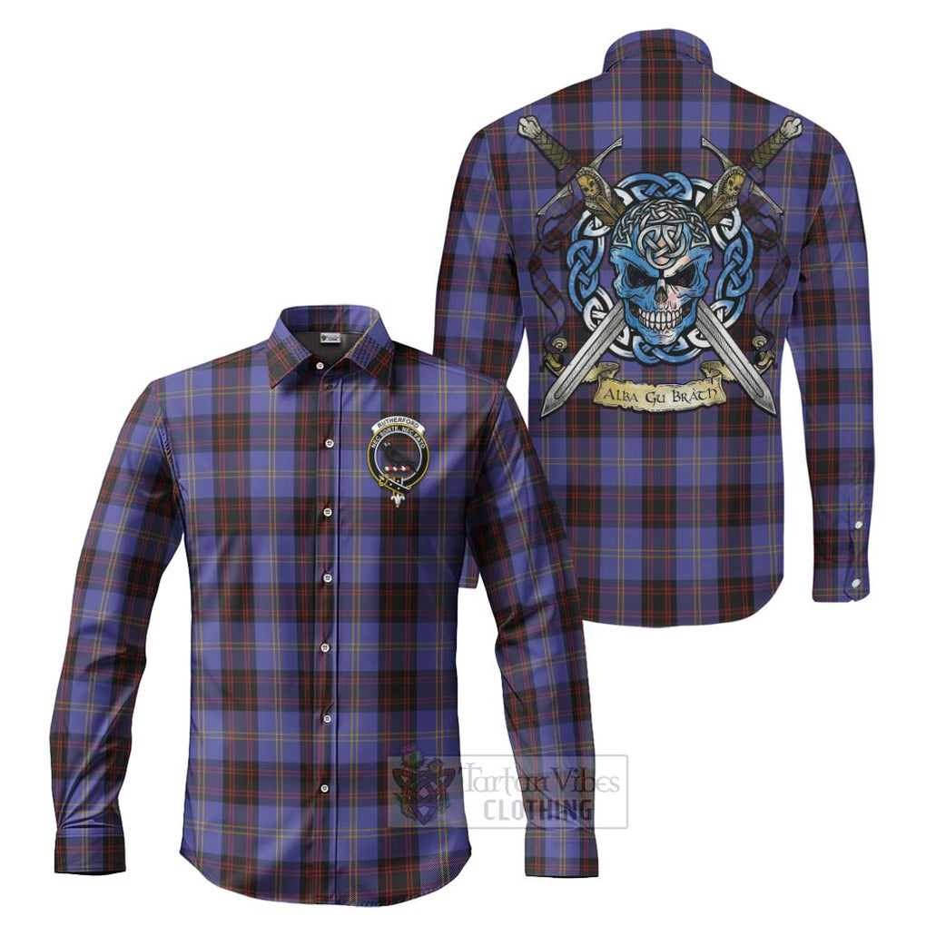 Tartan Vibes Clothing Rutherford Tartan Long Sleeve Button Shirt with Family Crest Celtic Skull Style