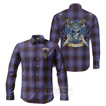 Rutherford Tartan Long Sleeve Button Shirt with Family Crest Celtic Skull Style