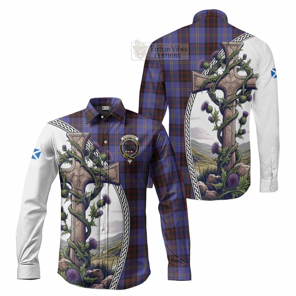 Tartan Vibes Clothing Rutherford Tartan Long Sleeve Button Shirt with Family Crest and St. Andrew's Cross Accented by Thistle Vines