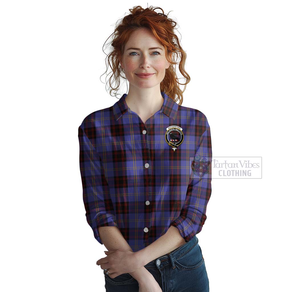 Rutherford Tartan Women's Casual Shirt with Family Crest Celtic Skull Style Female - Tartan Vibes Clothing
