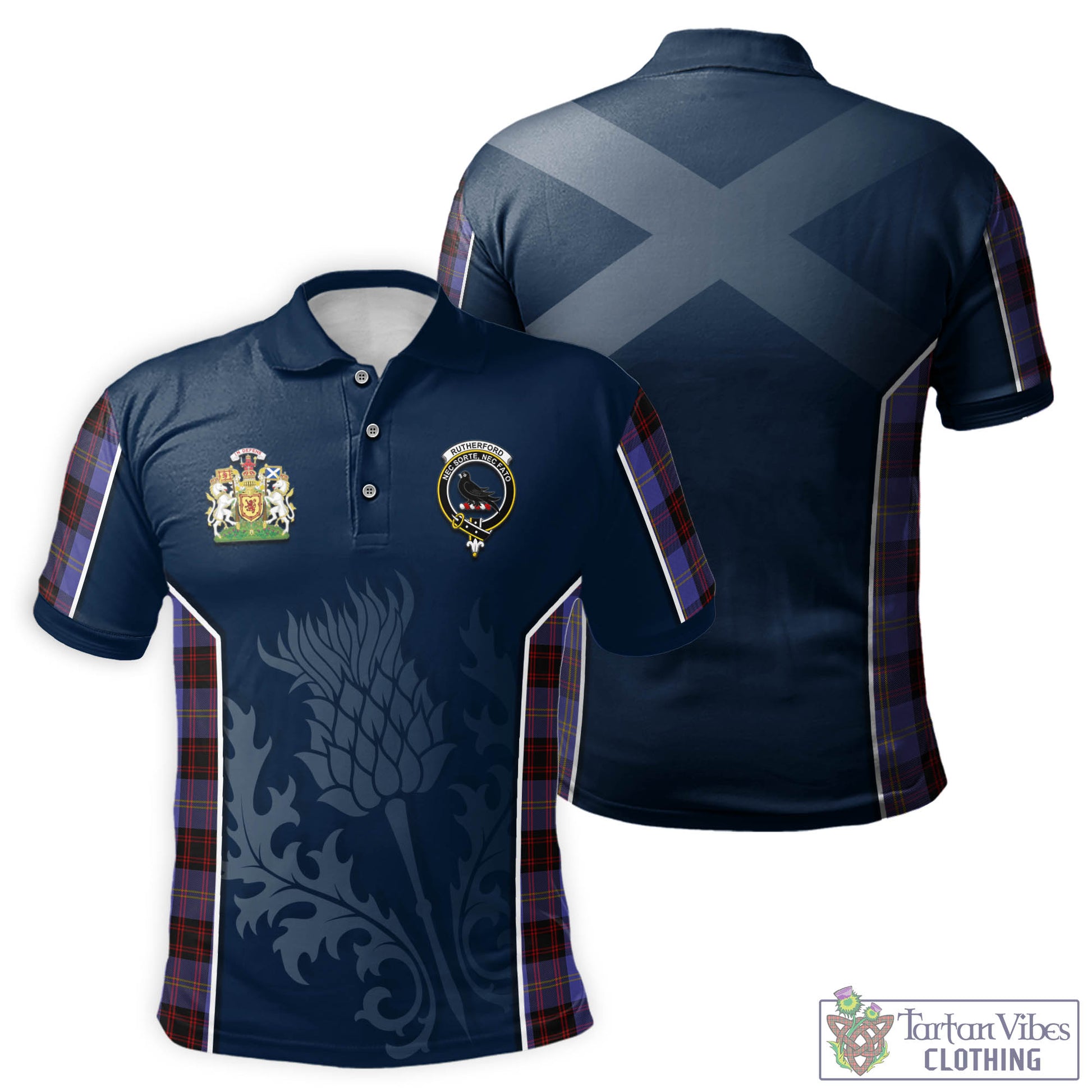 Tartan Vibes Clothing Rutherford Tartan Men's Polo Shirt with Family Crest and Scottish Thistle Vibes Sport Style
