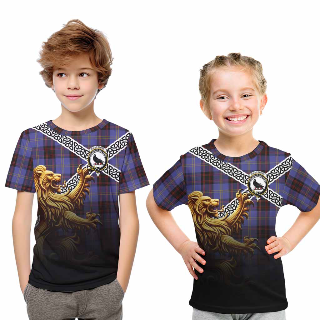 Tartan Vibes Clothing Rutherford Crest Tartan Kid T-Shirt with Golden Lion Emblem Celtic Style