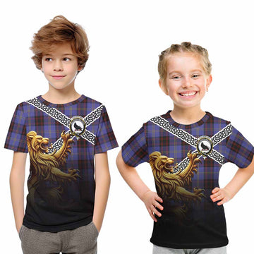 Tartan Vibes Clothing Rutherford Crest Tartan Kid T-Shirt with Golden Lion Emblem Celtic Style