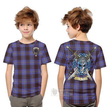 Tartan Vibes Clothing Rutherford Tartan Kid T-Shirt with Family Crest Celtic Skull Style